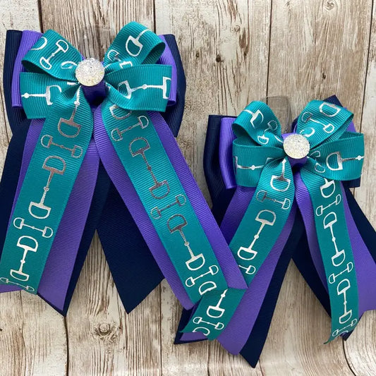 Horse Show Bows - Teal Bits On Navy with Purple