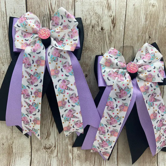 Horse Show Bows - Pastel Unicorns on Lavender, Pink & Black