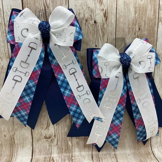 Horse Show Bows - White Bits on Blue and Purple Plaid & Navy