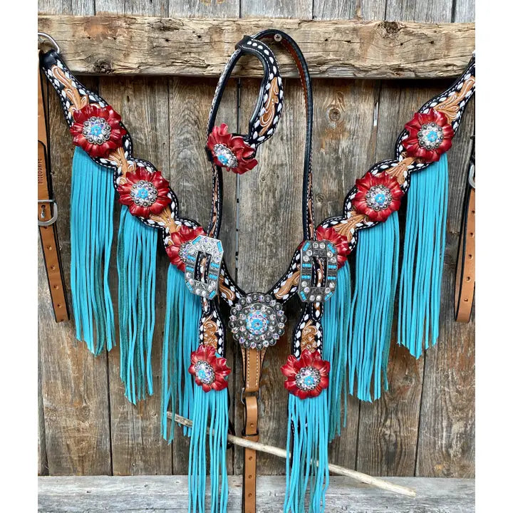 Buckstitch One Ear Headstall & Breastcollar Set -Red Flowers