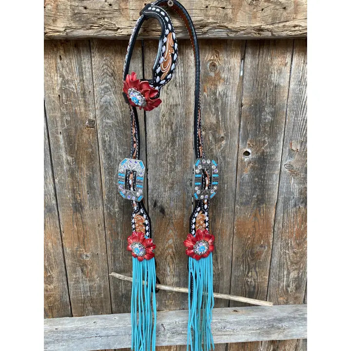 Buckstitch One Ear Headstall & Breastcollar Set -Red Flowers