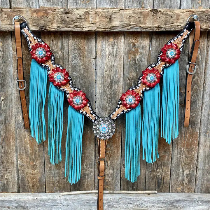 Buckstitch One Ear Headstall & Breastcollar Set -Red Flowers