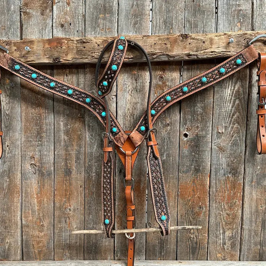 Copper and Silver Dot Two Tone Turquoise and Fringe Headstall & Breastcollar Tack Set