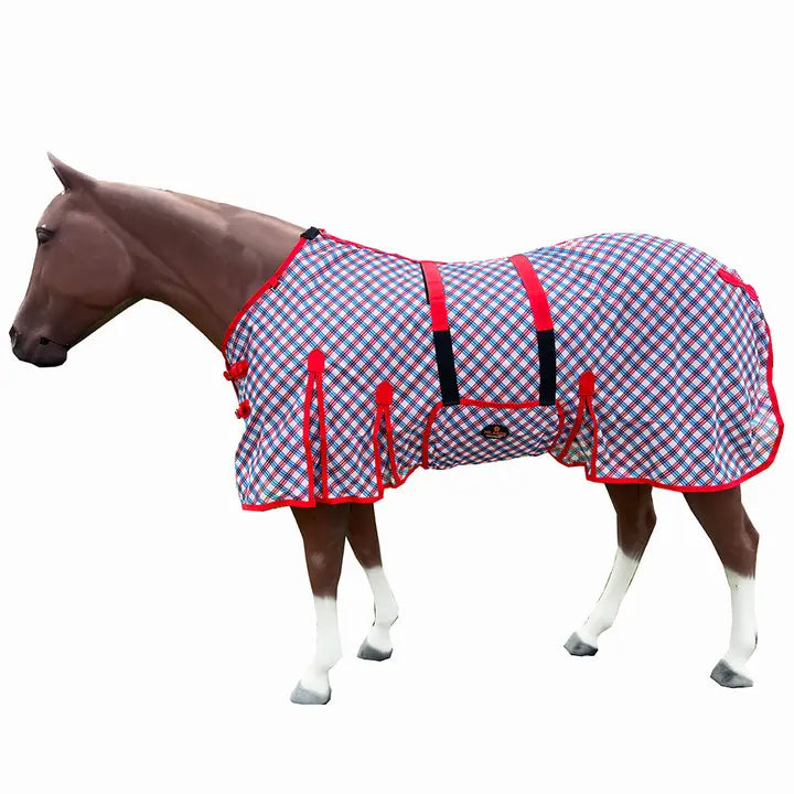 66"-84" Horse Fly Sheet with Neck Uv Protection Patriotic Blue/Red Plaid
