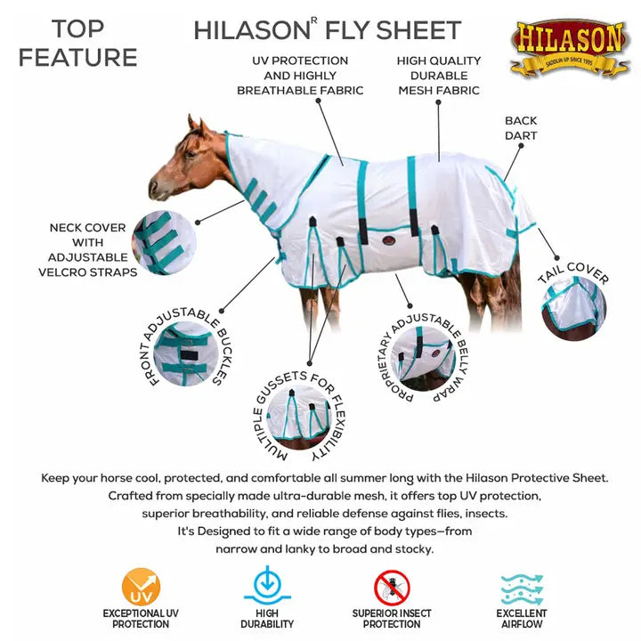66"-84" Hilason Horse Fly Sheet Uv Protect Mesh Bug Mosquito Summer White Turquoise