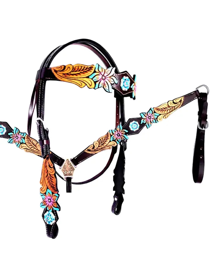 Horse Headstall Breast Collar Set Leather Floral