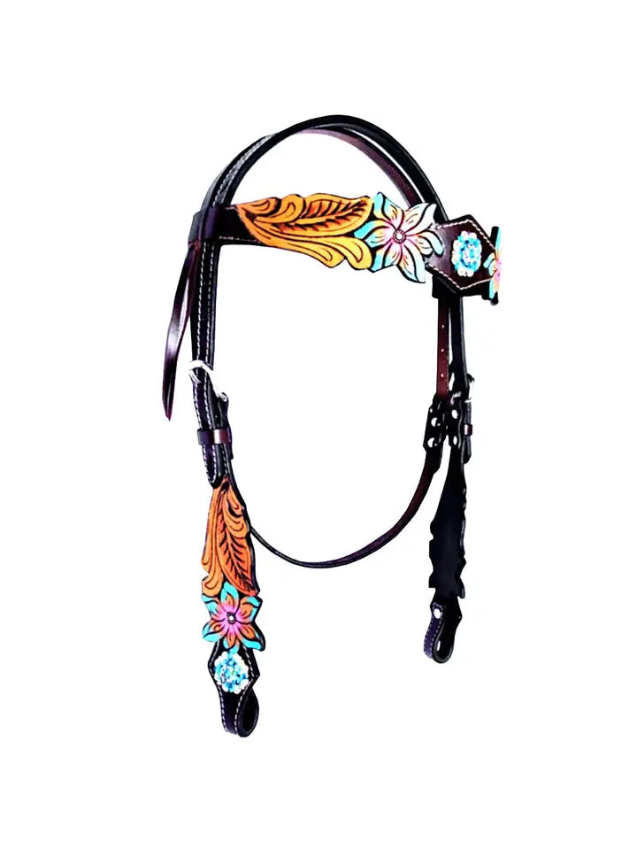 Horse Headstall Breast Collar Set Leather Floral