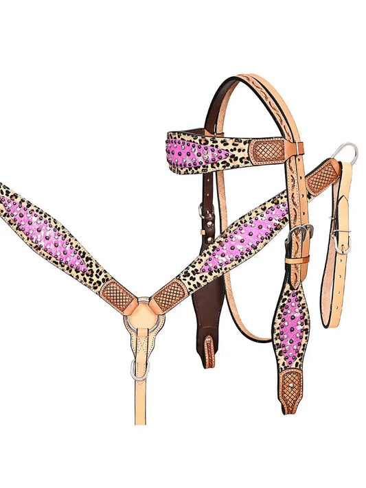 Horse Leopard Print Headstall Breast Collar Hairon Leather