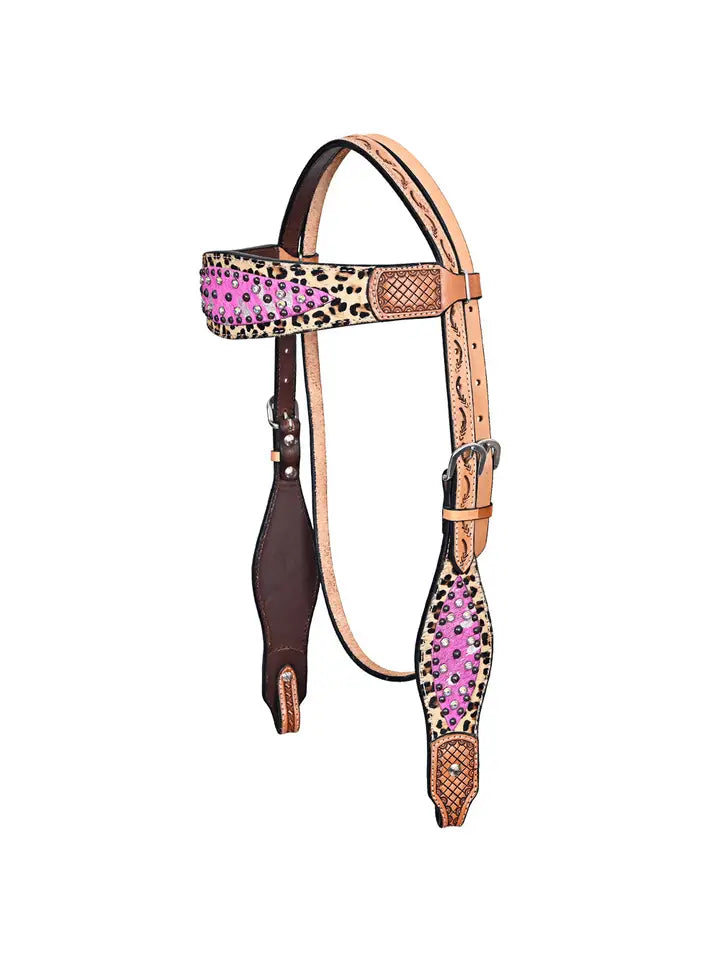 Horse Leopard Print Headstall Breast Collar Hairon Leather