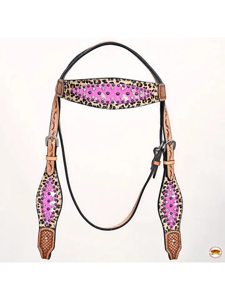 Horse Leopard Print Headstall Breast Collar Hairon Leather