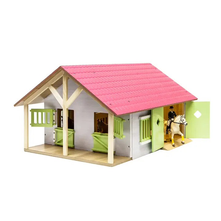 Kids Globe 1:24 Scale Wooden Horse Stable Toy W/2Stalls Pink