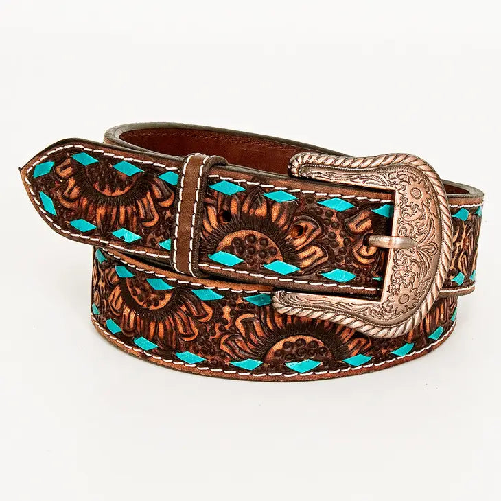 Turquoise Sunflower Floral Hand Carved Western Fashion Premium Leather Belt Brown