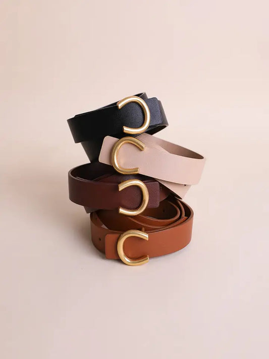 Minimalist Gold Horseshoe Leather Belt - Brown