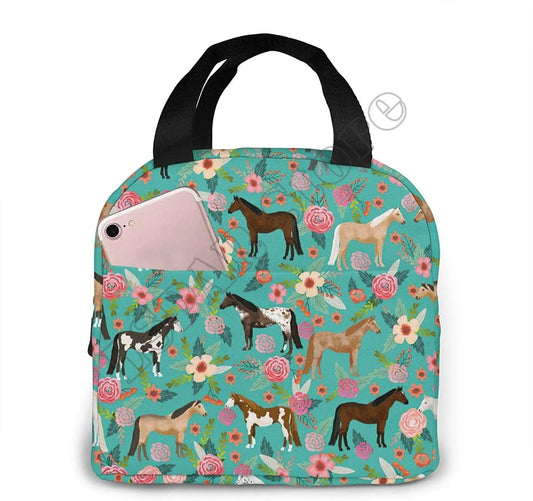 Horses And Flowers Lunch Bag Insulated Water-Resistant Tote