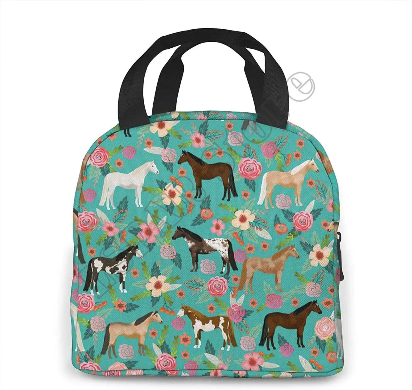 Horses And Flowers Lunch Bag Insulated Water-Resistant Tote