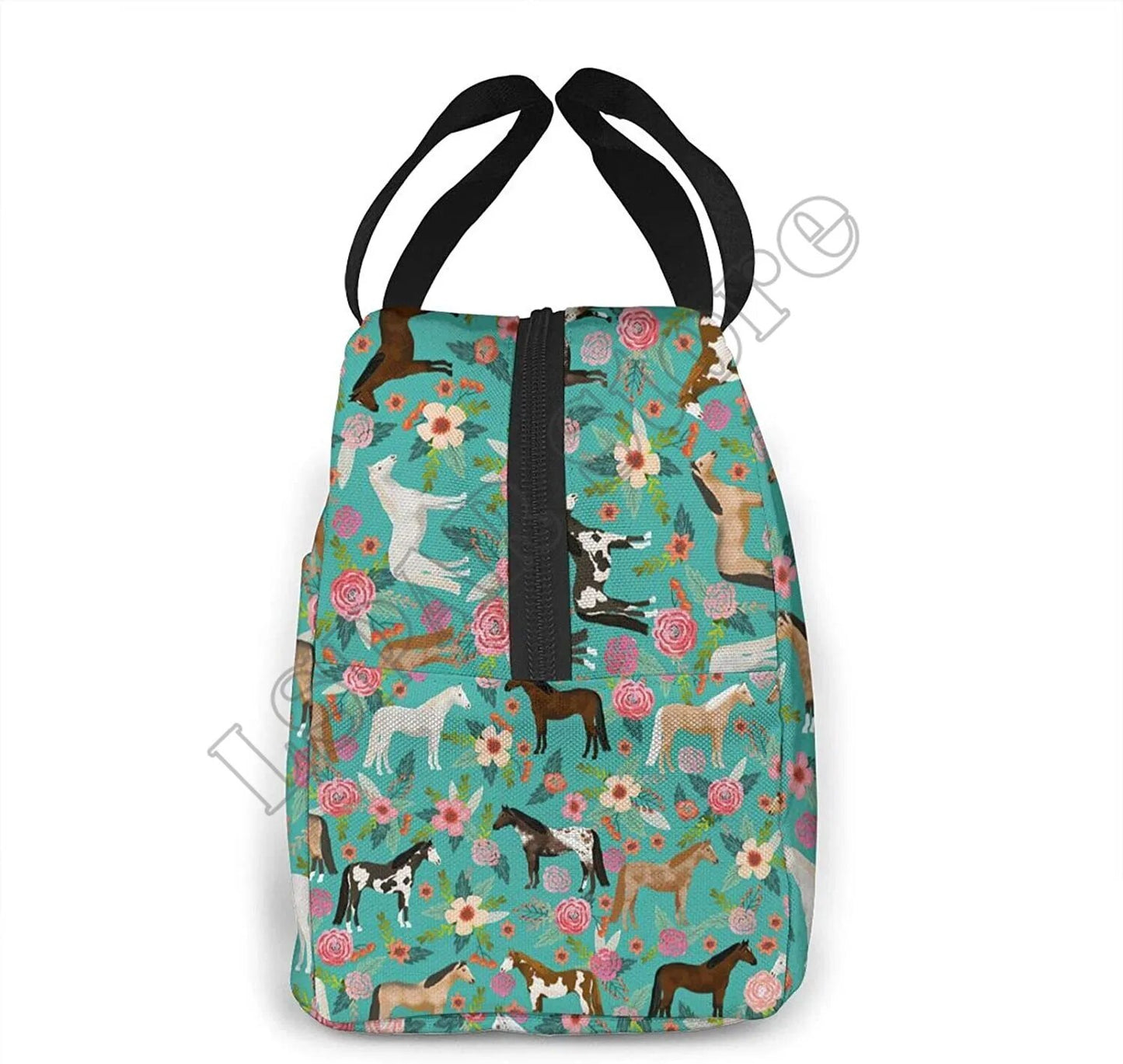 Horses And Flowers Lunch Bag Insulated Water-Resistant Tote