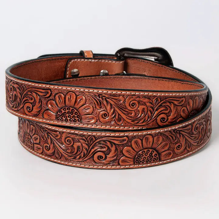 Sunflower Floral Hand Carved Western Fashion Premium Leather Belt (Brown)