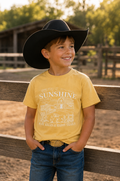 Sunshine, Hay Bales & Happy Trails™ Kids Western T-Shirt | 100% Cotton