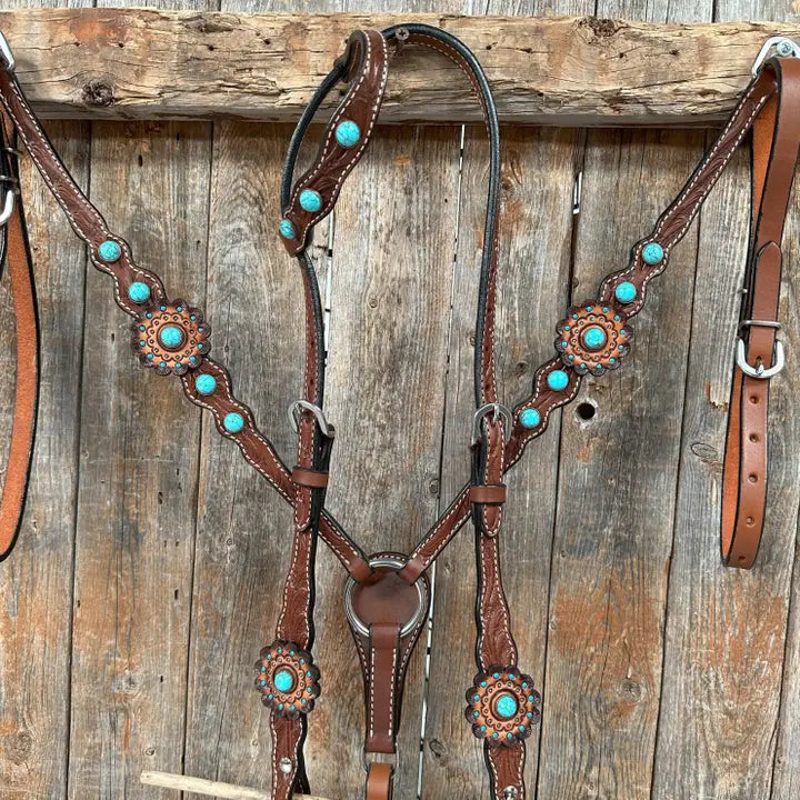 Medium Oil Floral Rosettes and Turquoise One Ear/ Breastcollar Tack Set