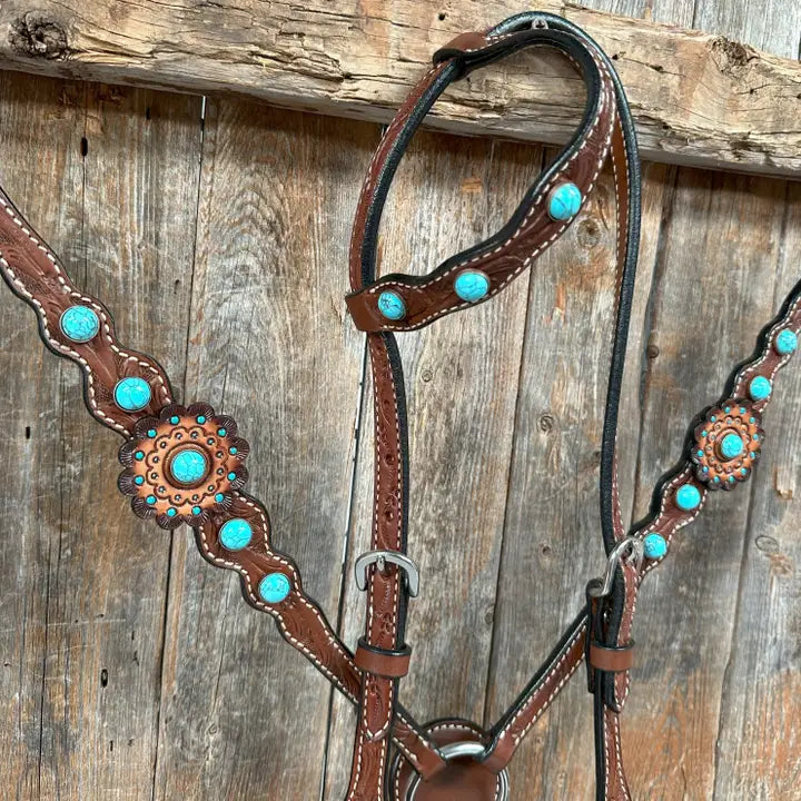 Medium Oil Floral Rosettes and Turquoise One Ear/ Breastcollar Tack Set