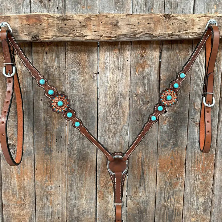 Medium Oil Floral Rosettes and Turquoise One Ear/ Breastcollar Tack Set