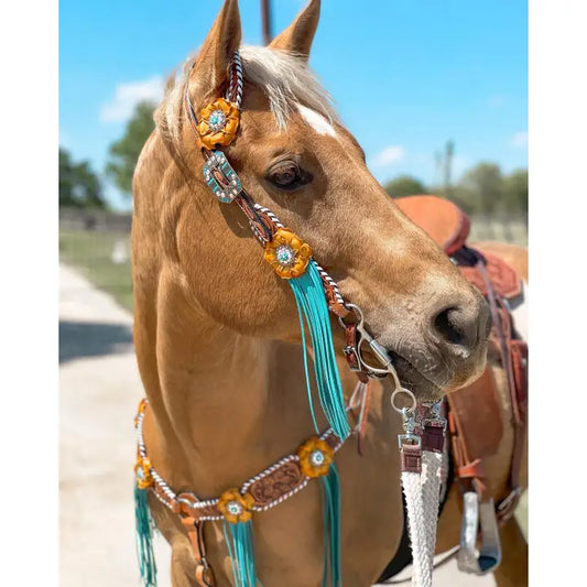 White Whipstitch Yellow and Turquoise Browband/One Ear Headstall & Breastcollar Tack Set