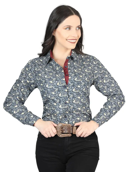 Navy Paisley Design Long Sleeve Women's Button Down Dress Shirt