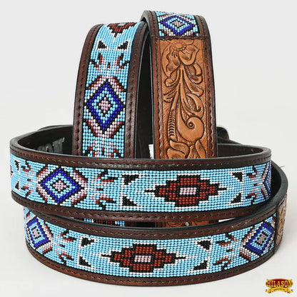 Western Beautifully Hand Crafted Leather Belt w/ Inlaid Bead