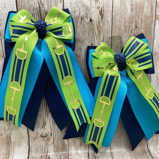 Horse Show Bows - Lime Green and Navy Bit Bows on Turquoise