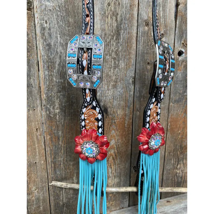 Buckstitch One Ear Headstall & Breastcollar Set -Red Flowers