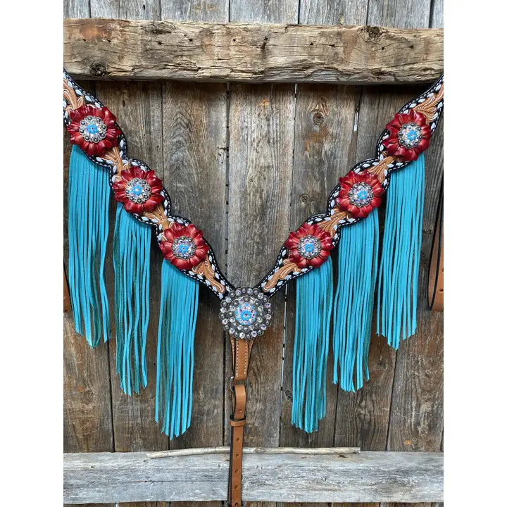 Buckstitch One Ear Headstall & Breastcollar Set -Red Flowers