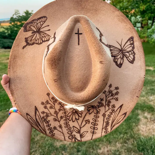 Burned Wool Fedora Hat Cowgirl, Butterfly, Wildflower, Boho