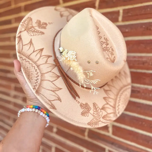 Sunflower Burned Fedora Floral Western Fern Jewel Custom