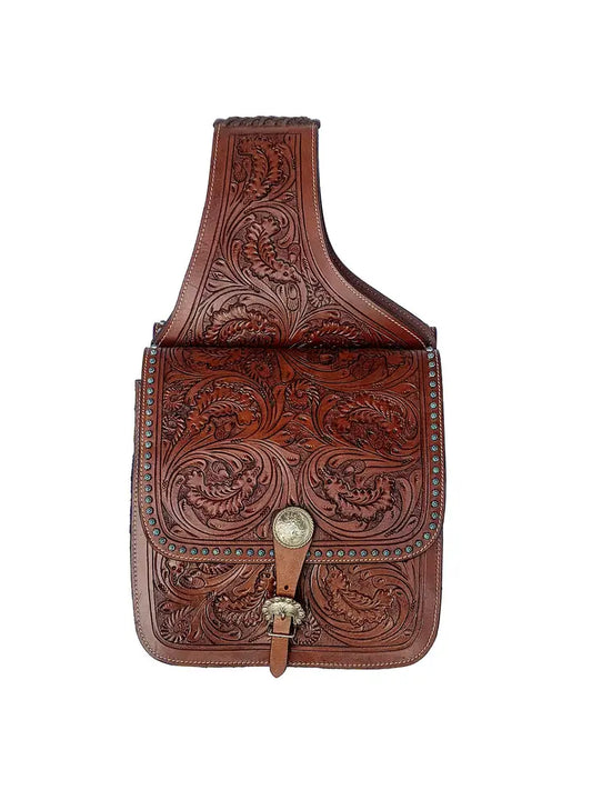 Comfytack Western Horse Leather Saddle Bag Heavyduty Floral Carved Mahogany