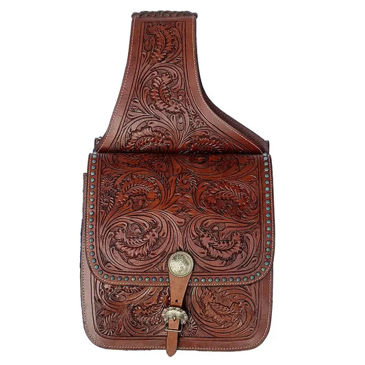 Comfytack Western Horse Leather Saddle Bag Heavyduty Floral Carved Mahogany