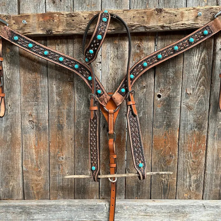 Copper and Silver Dot Two Tone Turquoise and Fringe Headstall & Breastcollar Tack Set