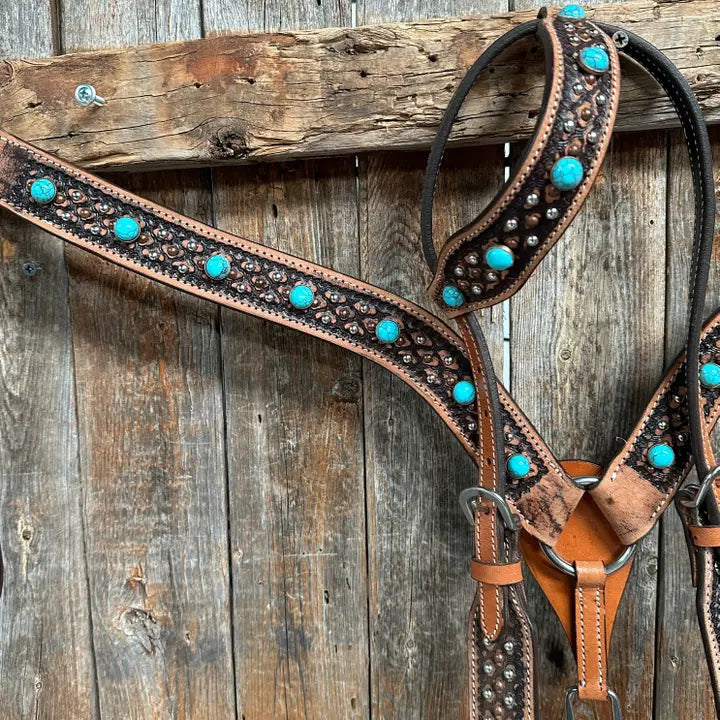 Copper and Silver Dot Two Tone Turquoise and Fringe Headstall & Breastcollar Tack Set