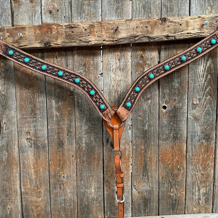 Copper and Silver Dot Two Tone Turquoise and Fringe Headstall & Breastcollar Tack Set