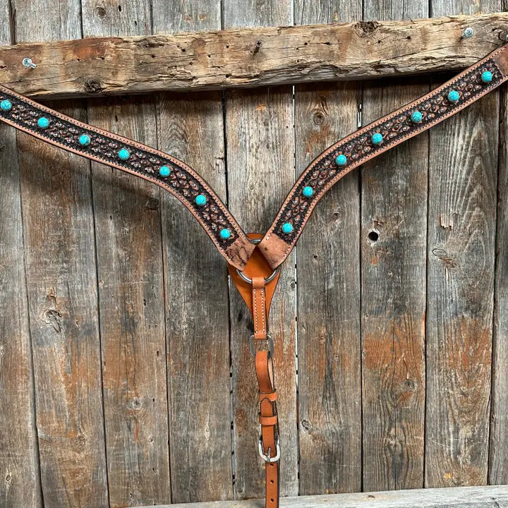 Copper and Silver Dot Two Tone Turquoise and Fringe Headstall & Breastcollar Tack Set