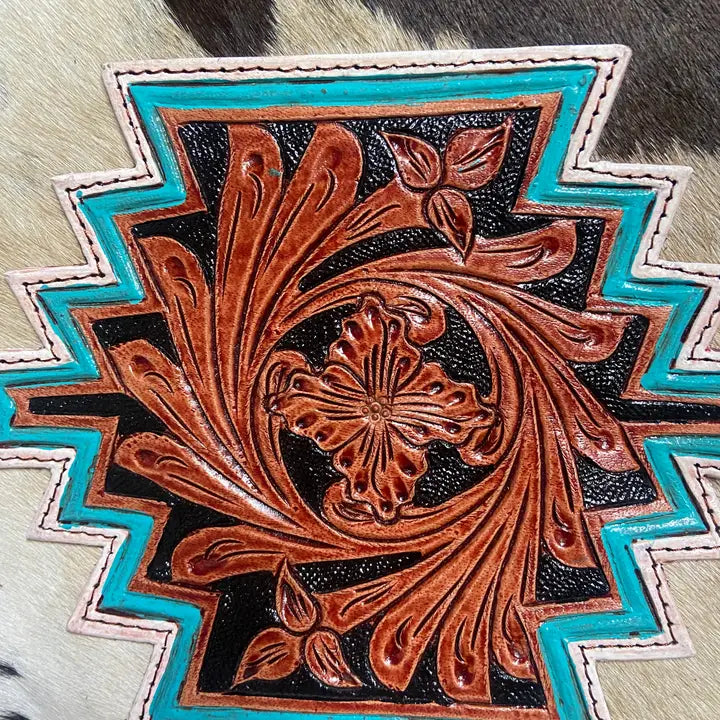 Tooled Leather Flower Burst Cowhide Fringe Western Purse