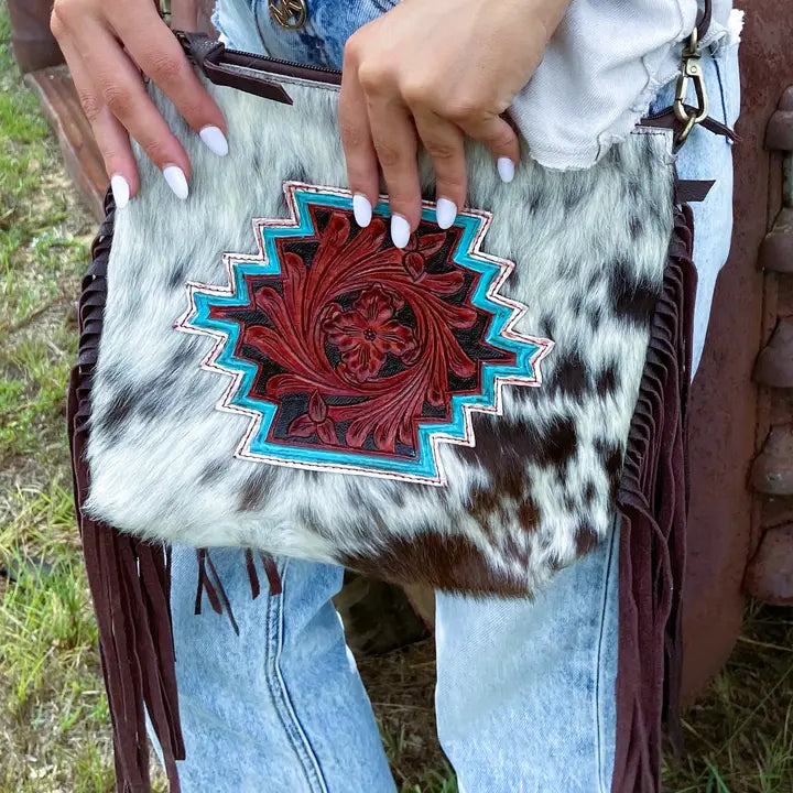 Tooled Leather Flower Burst Cowhide Fringe Western Purse