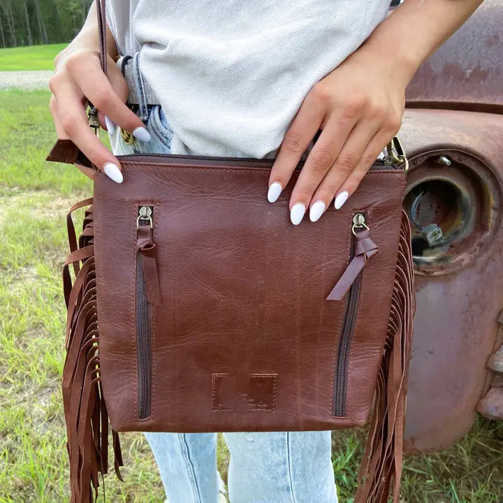 Tooled Leather Flower Burst Cowhide Fringe Western Purse