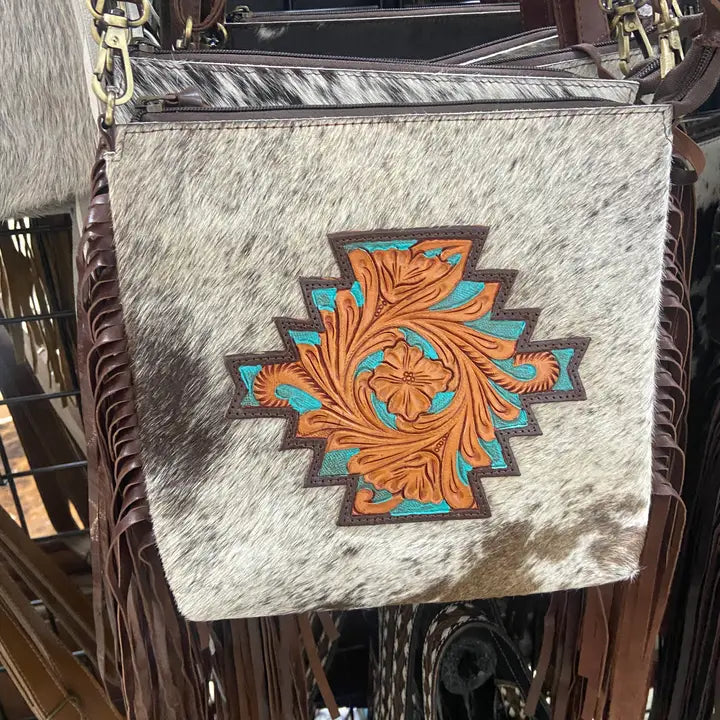 Tooled Leather Flower Burst Cowhide Fringe Western Purse