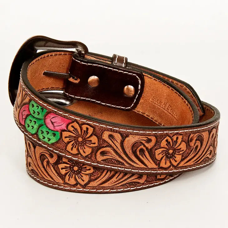 Floral Cactus Bull Hand Carved Western Leather Belt