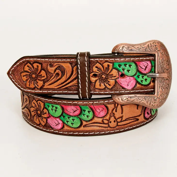 Floral Cactus Bull Hand Carved Western Leather Belt