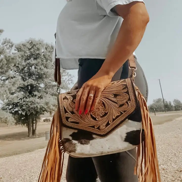 Detailed Tooled Leather Fringe Cowhide Western Purse