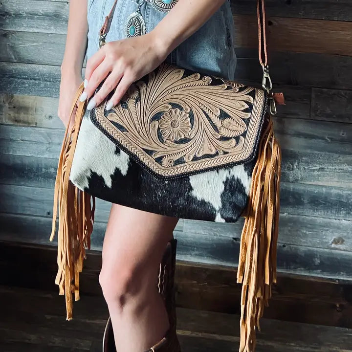 Detailed Tooled Leather Fringe Cowhide Western Purse