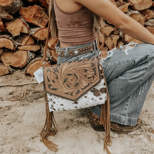 Detailed Tooled Leather Fringe Cowhide Western Purse