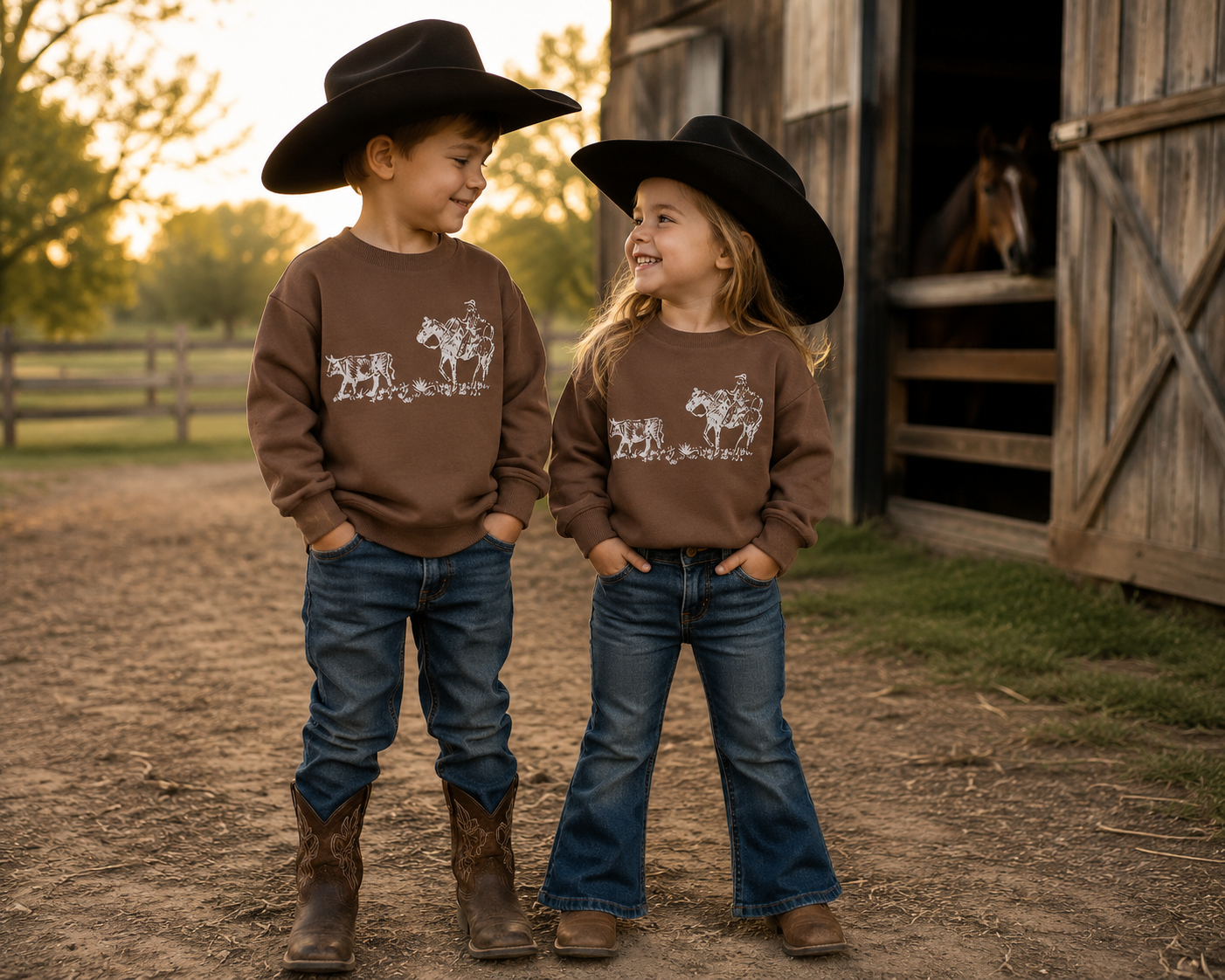 Kids Western Pullover Long Sleeve Shirt - Cattle Print