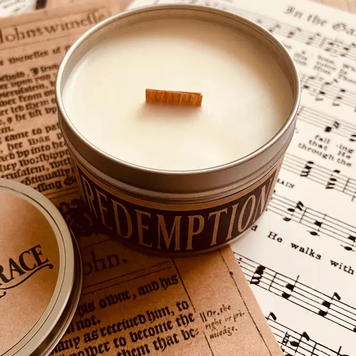 Redemption - 8 oz Candle Tin - Wooden Wick -Pure Soy Wax